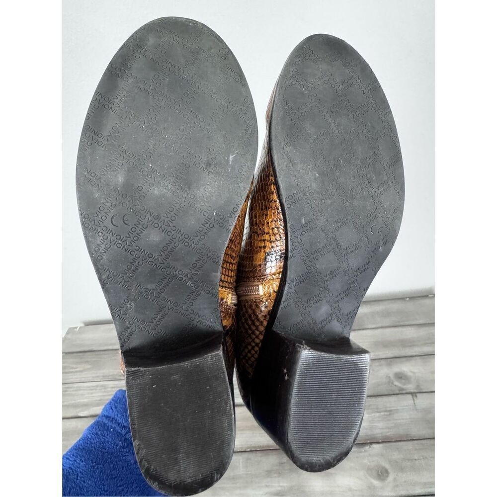 Vionic Tan/Brown Snake-Print Cutout Heeled Ankle Boots - Picture 7 of 9